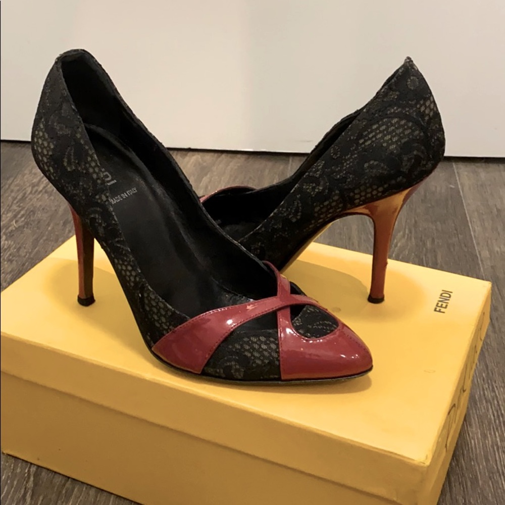 AUTHENTIC FENDI Black Lace and Red Patent Pumps